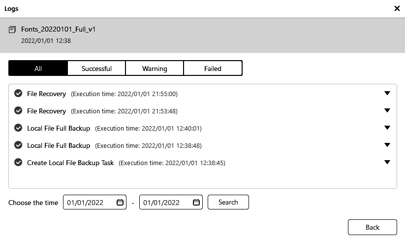 A log summary report window is shows. At the top, there are four categories, from left to right: all, successful, warning, failed. All is selected, and a list of logs is shown. At the bottom, the search can be refined by choosing a date range from the box
