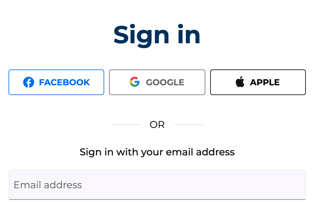 Screenshot of an interface proposing an identification by an external service such as connection with Facebook, Google, Apple or e-mail address.