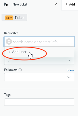 Add user action is circled and selected from the Requester dropdown menu.