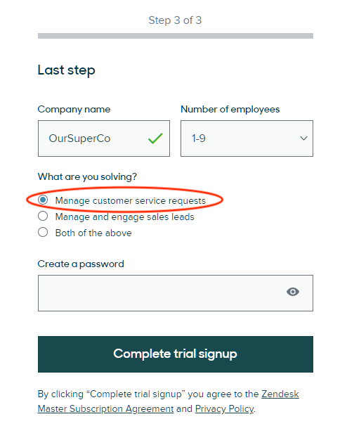 The last step of setting up a Zendesk account is shown. At the top, fields filled are company name and number of employees. Manage customer service requests is selected and circled in red.