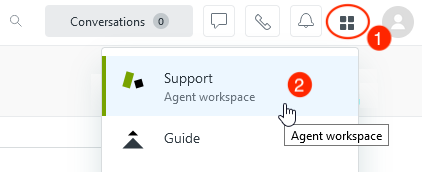 The steps to open the Agent workspace are shown with red circles and numbers. Step 1: on the top right hand corner, click the Zendesk products icon with four squares. Step 2: select support-agent workspace, first item in the list.