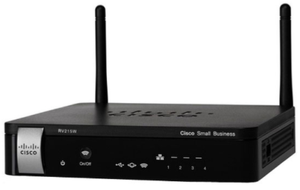 Cisco brand four port router with network and Wi-Fi functionality (model R215W)