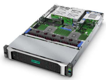 A server that includes eight hard disks and up to 32 RAM memory modules (HPE brand, model ProLiant DL385 Gen10)
