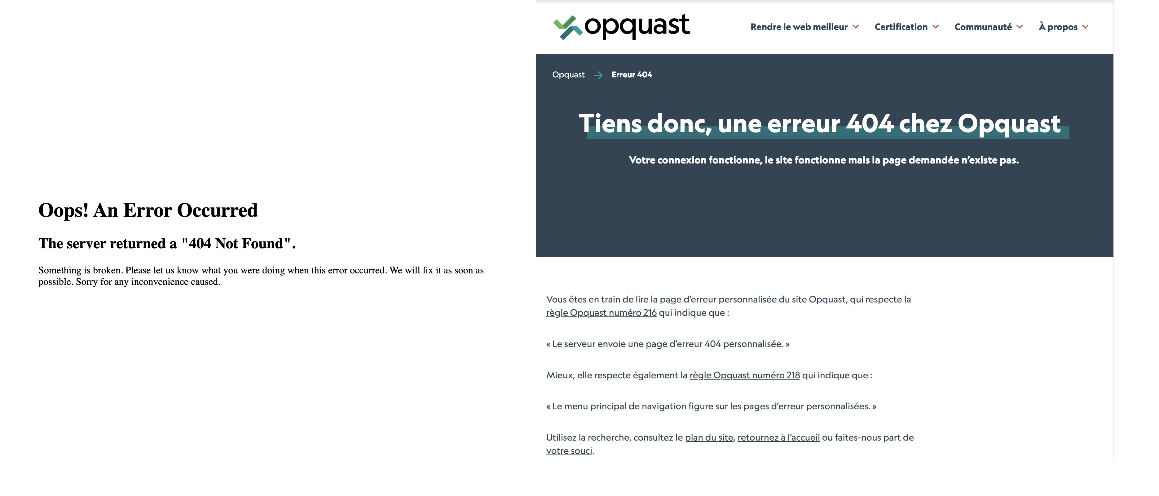 Exemples de page d’erreur 404 non personnalisée (à gauche) et personnalisée (à droite)
