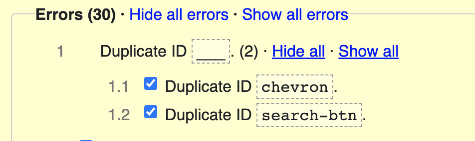 Le validateur vous indique immédiatement le résultat du test (non conforme) sur l’absence d’identifiants HTML dupliqués,, ici sur la page À propos du site opquast.com