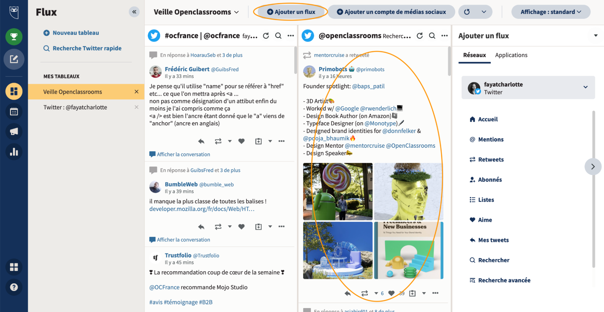 Exemple du dashboard de TweetDeck pour le compte d'OpenClassrooms en anglais
