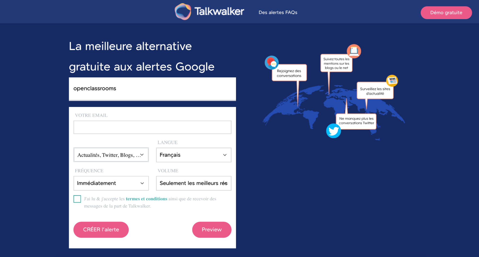 Impression d'écran de la page de saisie du mot clé dans Talkwalker