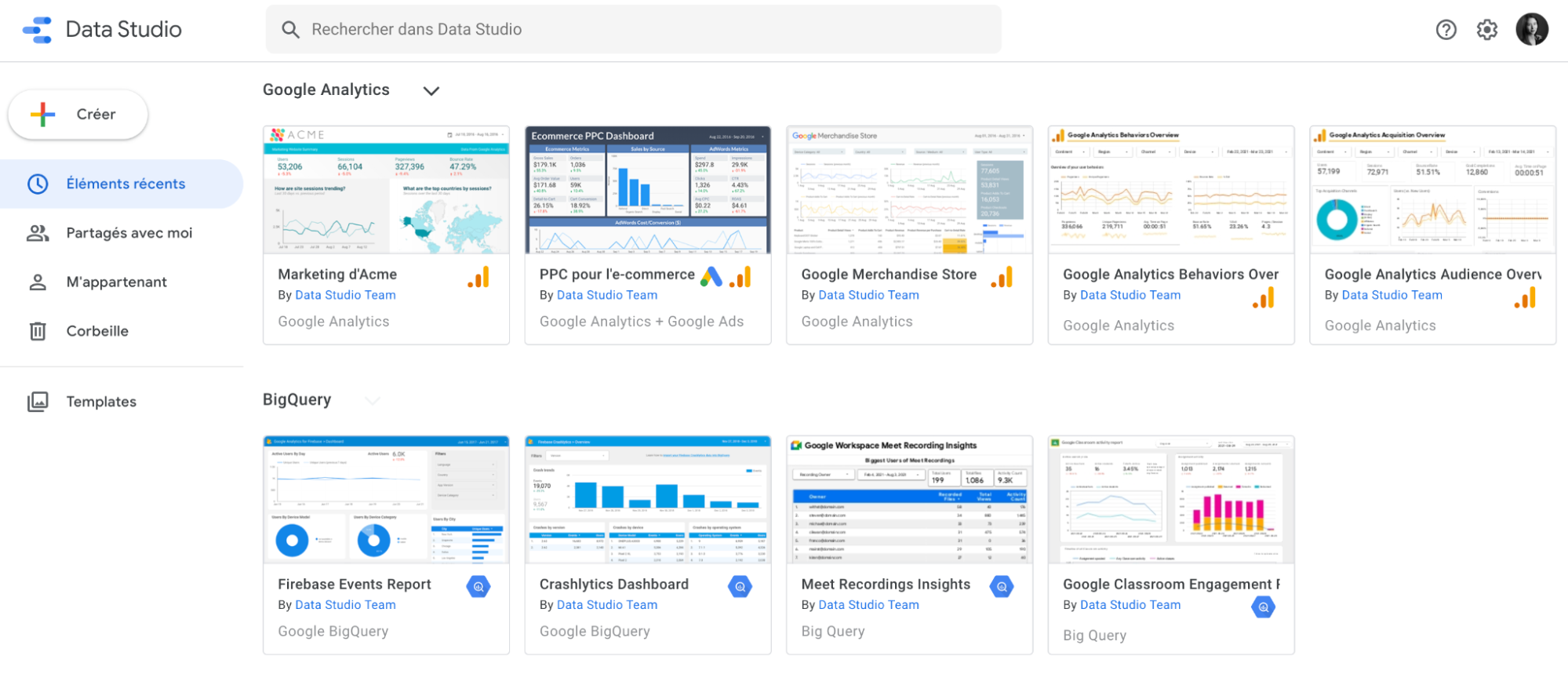 Impression d'écran des exemples de modèles de présentation prédéfinis dans Google Data Studio