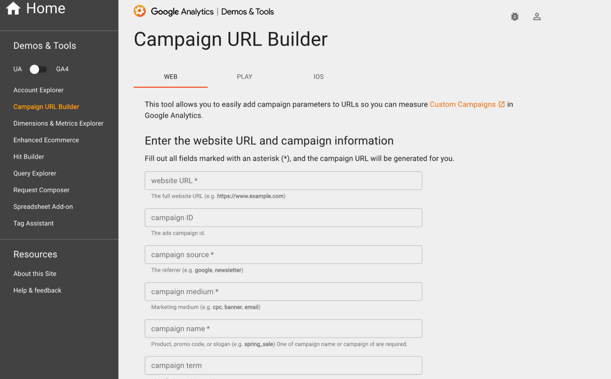 Page d’accueil de l’outil Campaign URL Builder