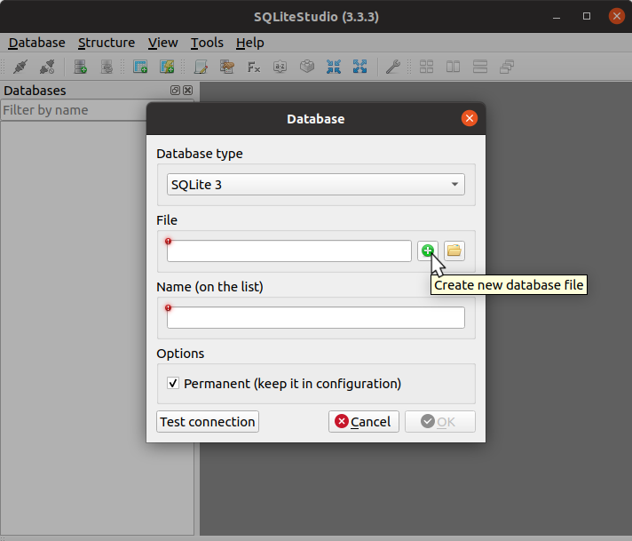 The database creation window in SQLiteStudio