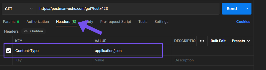En cliquant sur Headers, on ajoute une clé Content-Type et on indique application/json.