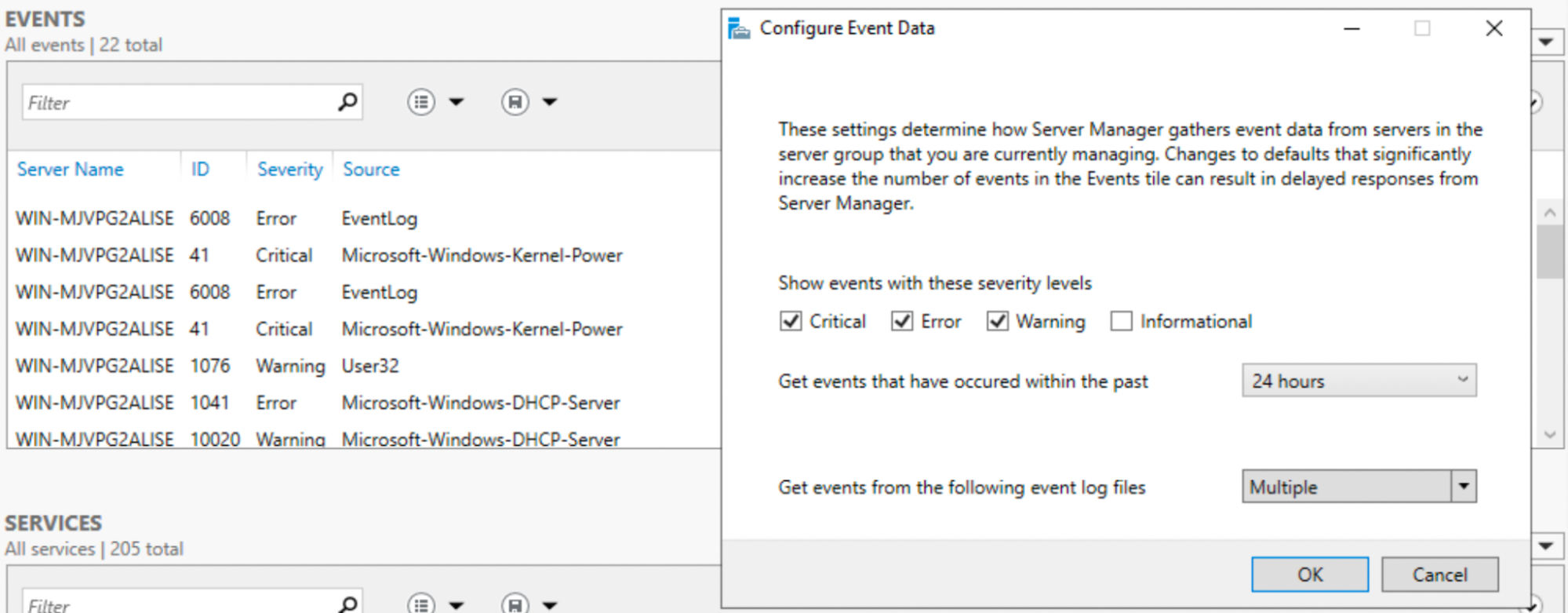 Centralized display of default event logs
