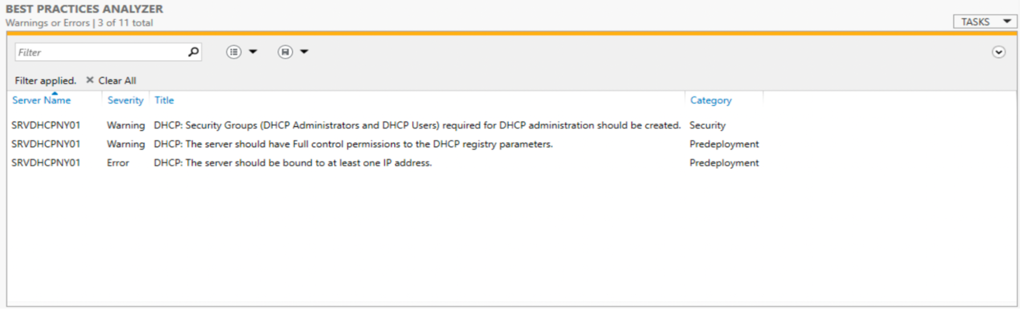 BPA result with the DHCP role installed on a brand-new server