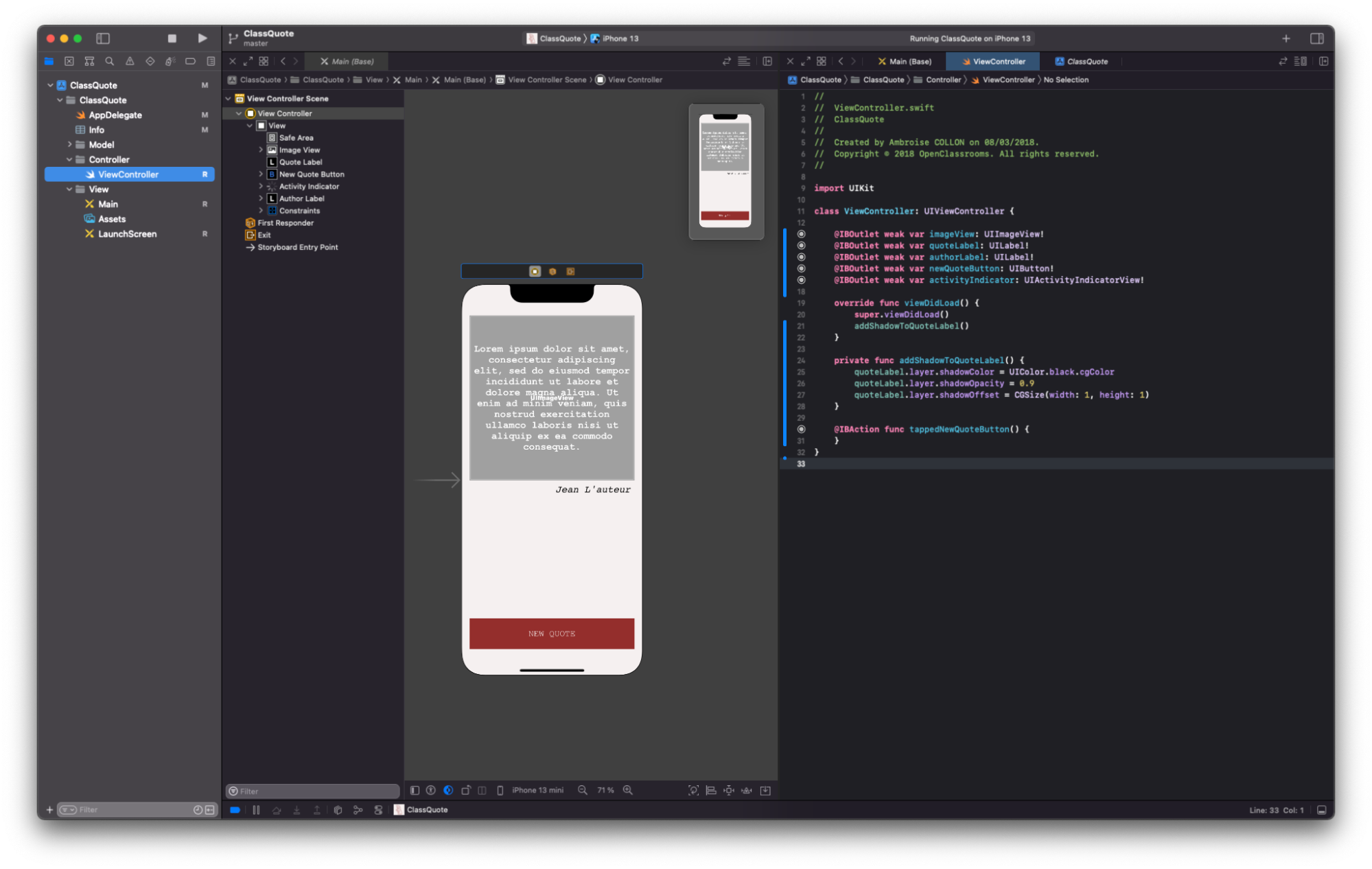 Capture d’écran de l’environnement de développement de l’application : à gauche les fichiers, au milieu l’interface du téléphone, à droite le code.
