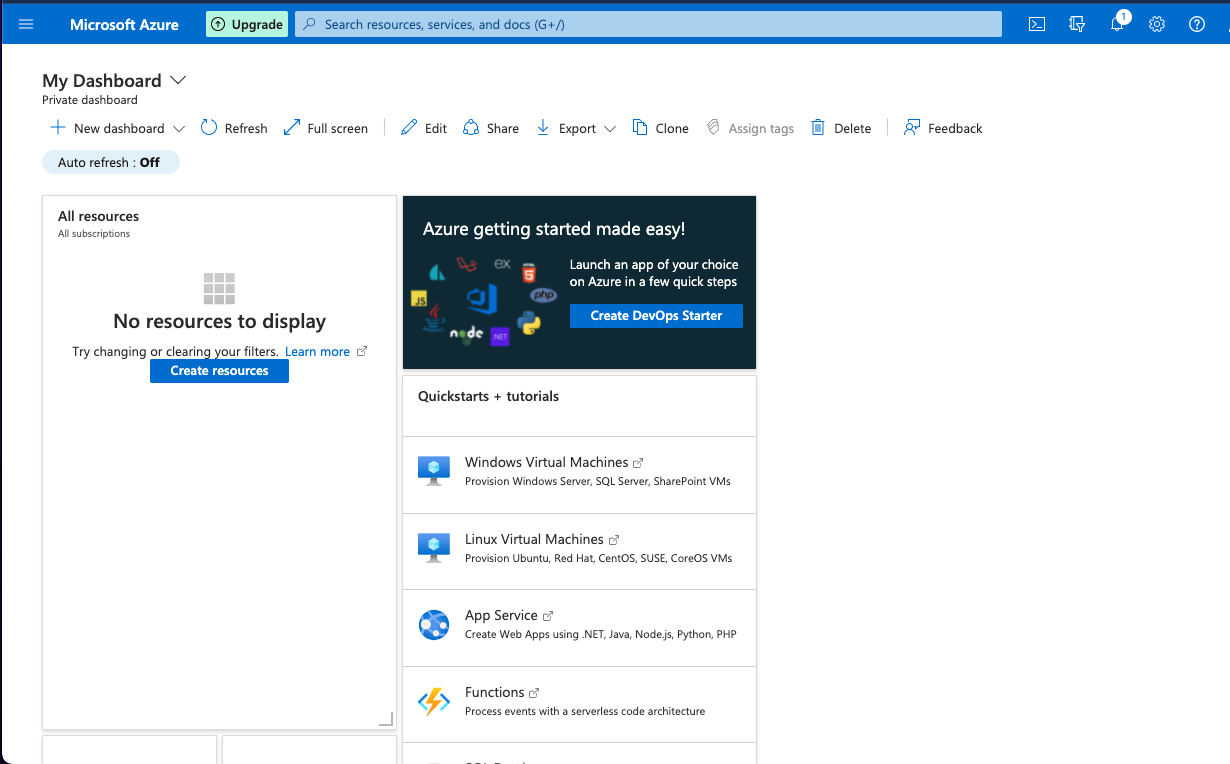 Azure portal dashboard