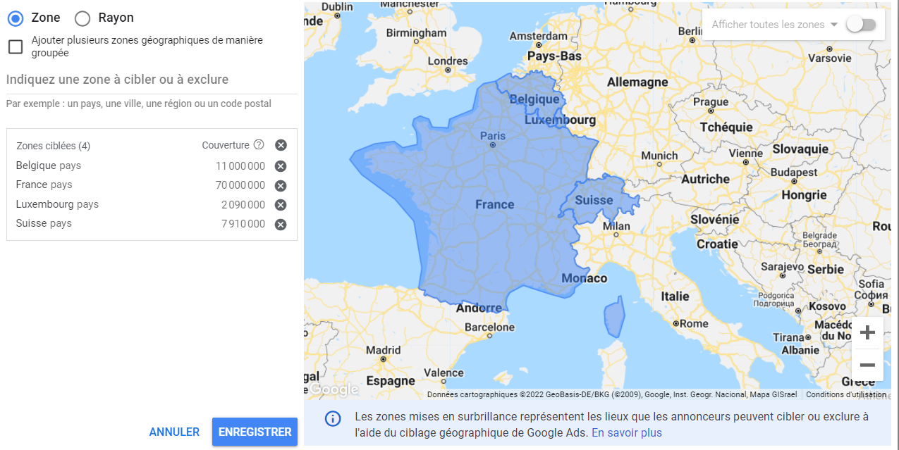 Une carte d'Europe avec la zone francophone sélectionnée en bleu. Dans un menu à gauche, l'option Zone est sélectionnée. Les zones ciblées et leurs couvertures sont également indiquées.