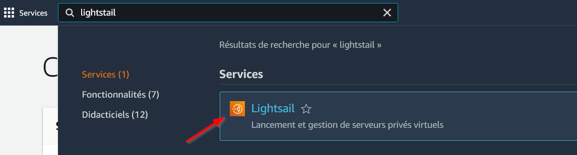Lightsail dans la liste des services accessibles dans la console