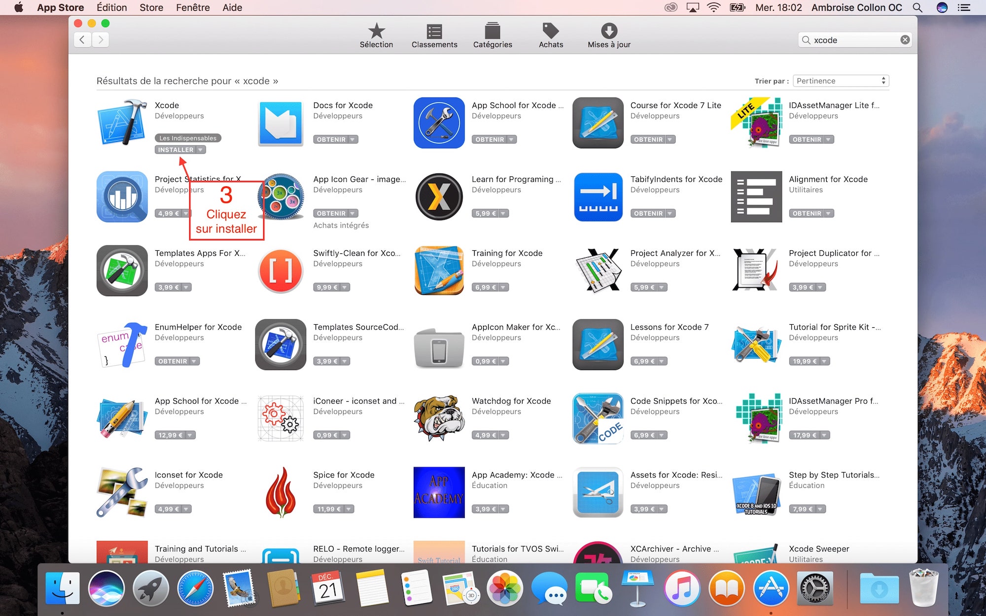 Dans l'App Store, le bouton Installer est mis en évidence sous l'application Xcode