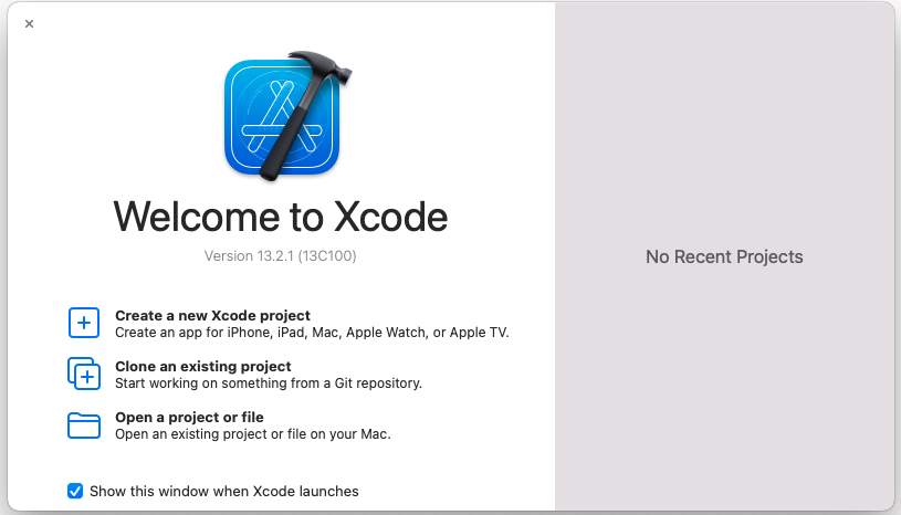 La page d'ouverture de Xcode vous propose  (en anglais) de créer un nouveau projet, de cloner un projet existant ou d'ouvrir un projet ou un fichier