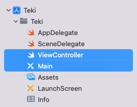 Dans le menu Teki, ViewController et Main sont sélectionnés