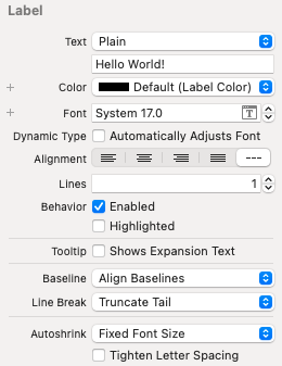 Paramètres de l'objet Label :  Text, Color, Font, Dynamic Type, Alignment, Lines, Behavior, Tooltip, Baseline, Lien Break, Autoshrink