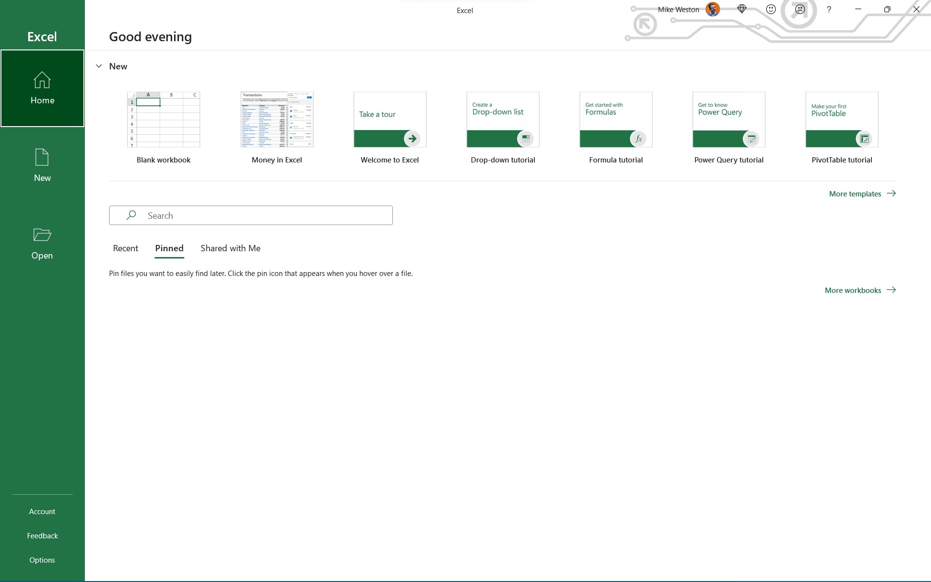 Excel Start screen