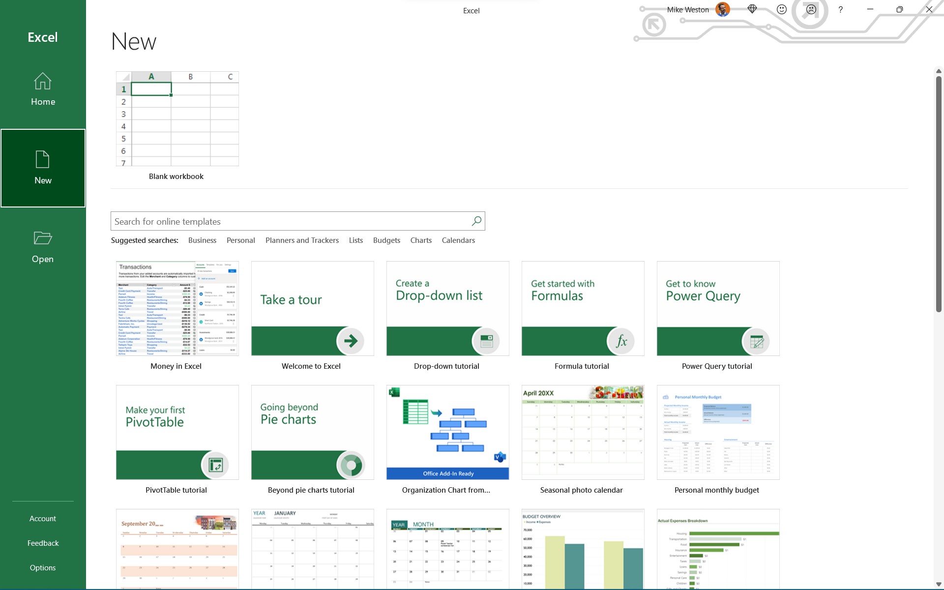 The “New” page showing a wide range of Excel templates.
