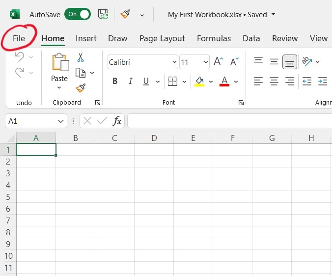 The File tab takes you back to the Excel Welcome page