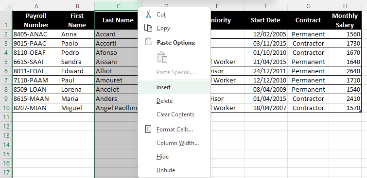 Select column C and right-click