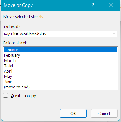 Dialog box for moving or copying tabs