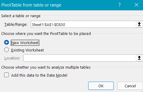 Dialog box for creating a pivot table