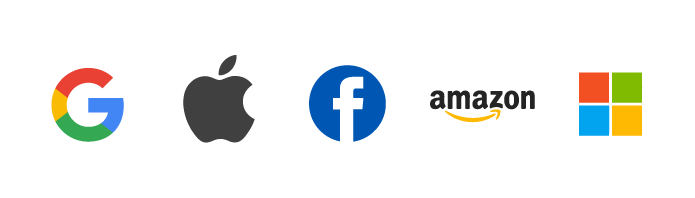 Les logos des GAFAM. De gauche à droite : Google, Apple, Facebook, Amazon, Microsoft