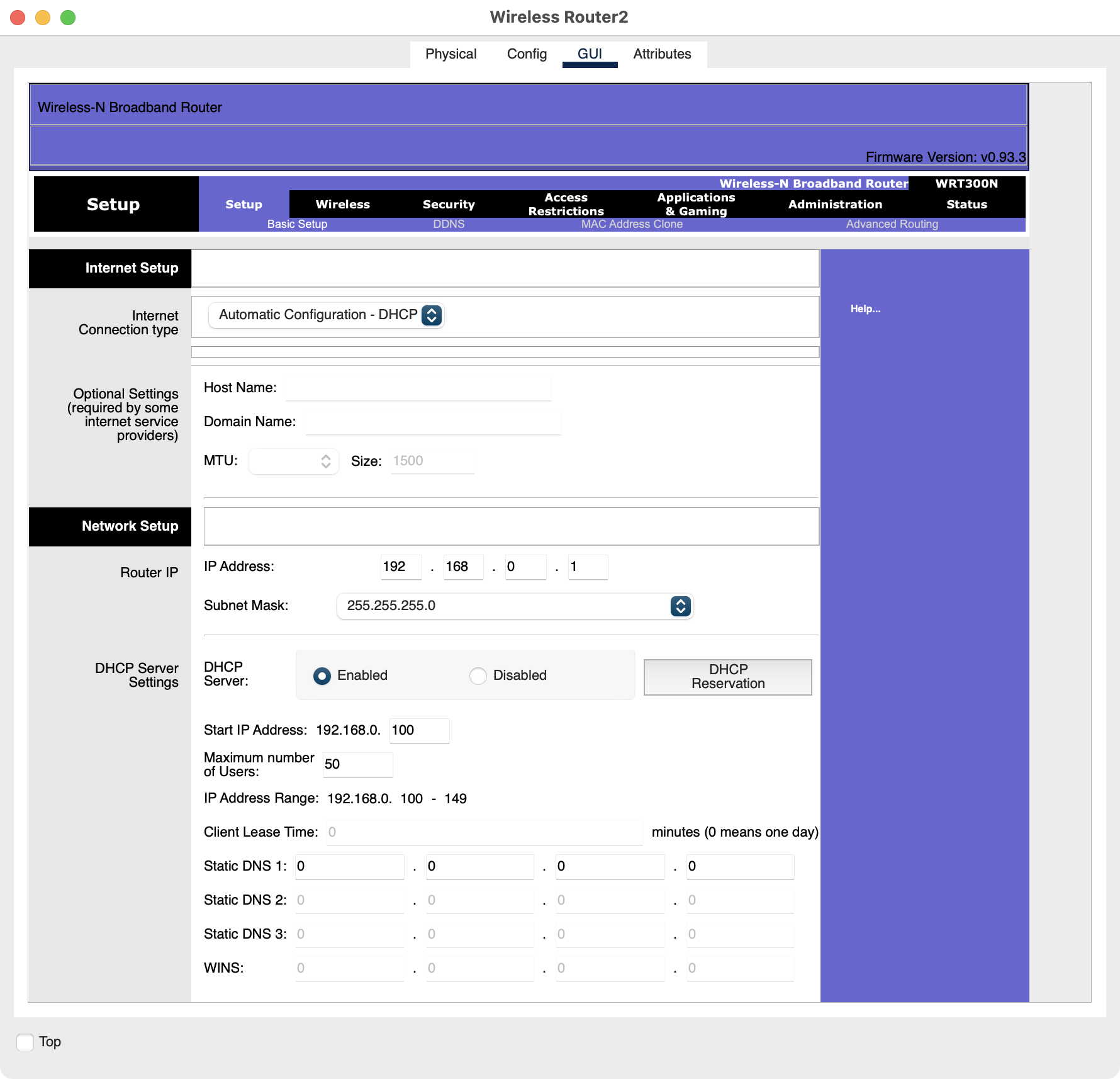 Screenshot of the configuration menu for the Linksys WRT-300N router