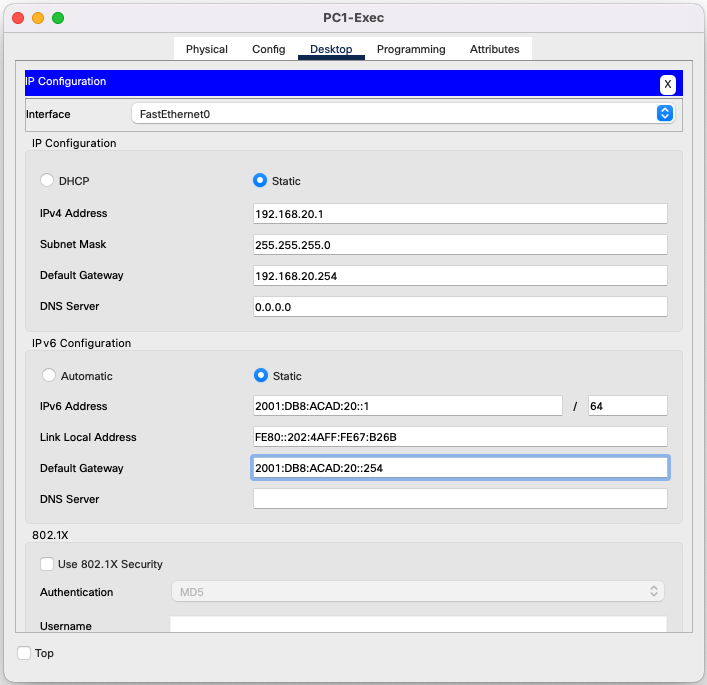 Screenshot of the Packet Tracer interface showing the PC1-Exec IPv6 parameters to be configured.