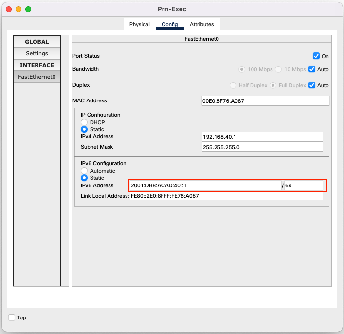 Screenshot of the Packet Tracer interface to configure the Prn-Exec IPv6