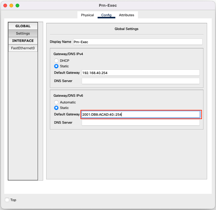 Screenshot of the Packet Tracer interface to configure the Prn-Exec IPv6