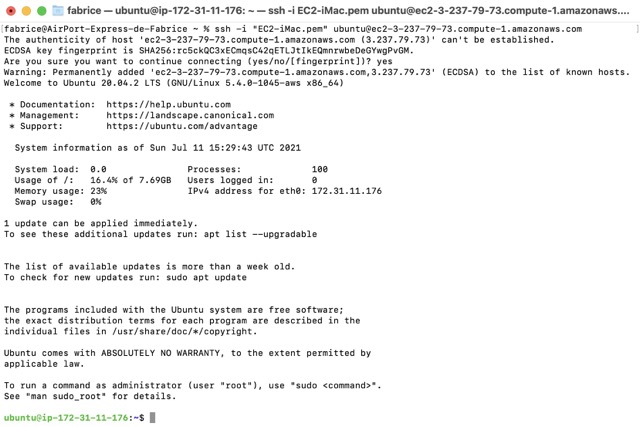 Screenshot of SSH access to an EC2 instance (virtual machine running on Linux Ubuntu Server) using macOS