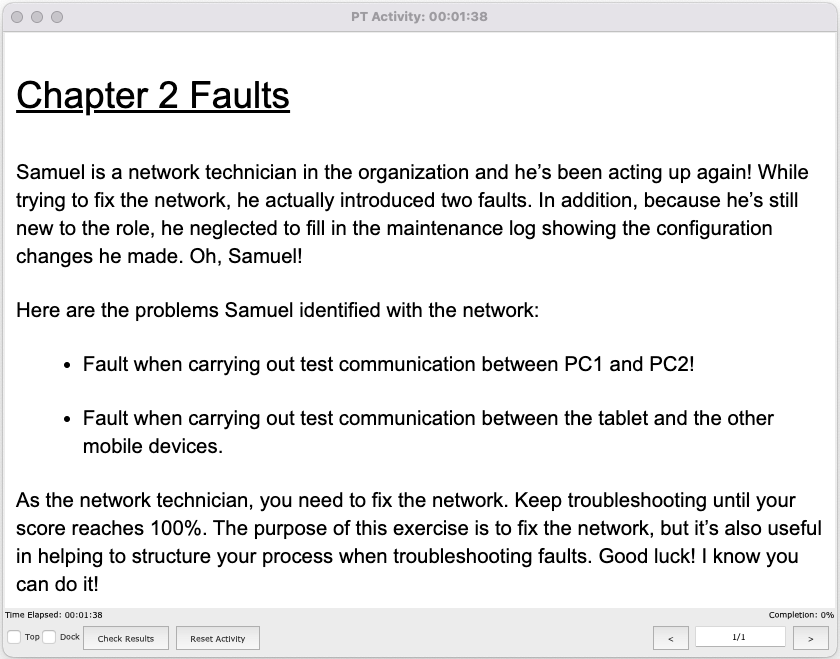 Screenshot of the problem statement in the exercise module within Packet Tracer