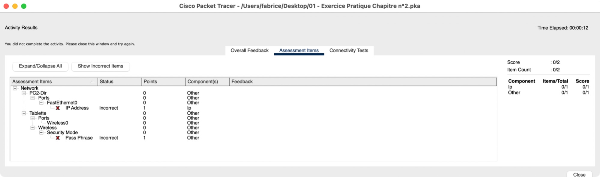 The Assessment Items tab within Packet Tracer