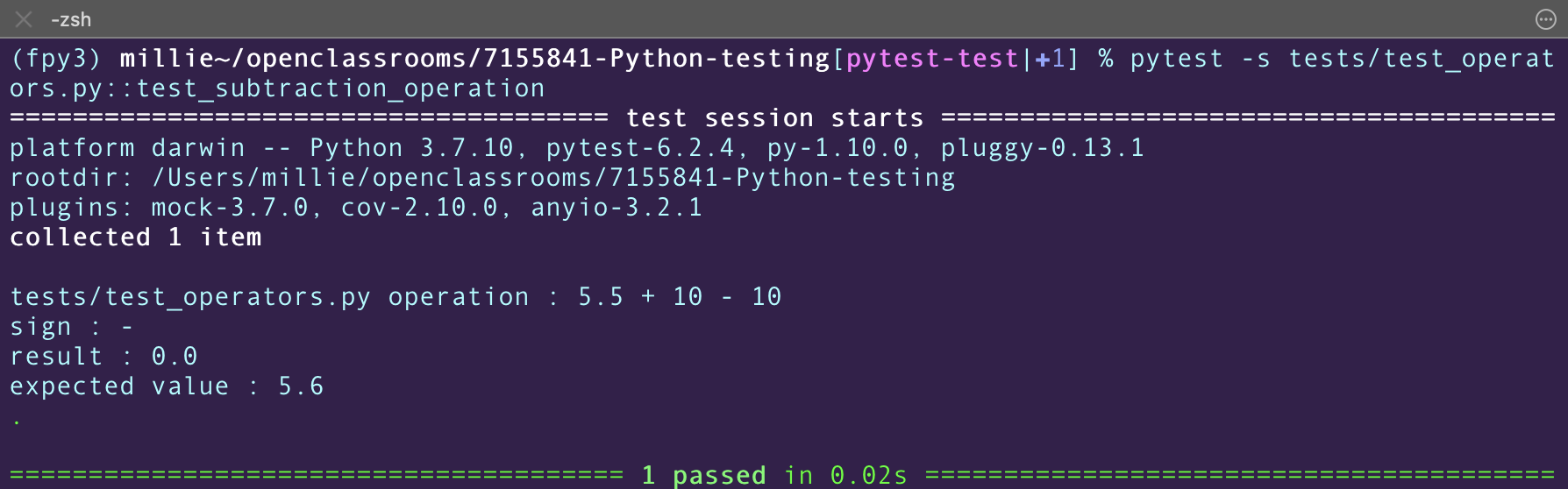 The test_substraction_operation test can be run by running the pytest -s tests/test_operators.py::test_substraction_operation command.
