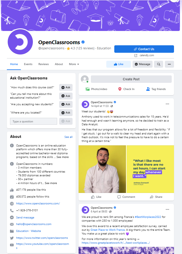 Screenshot of the OpenClassrooms Facebook page