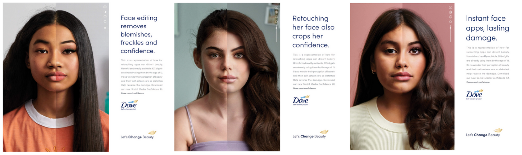 3 Dove campaigns, each with a different female model and targeting a different concern.