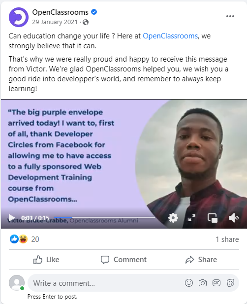 Testimonial published by OpenClassrooms.