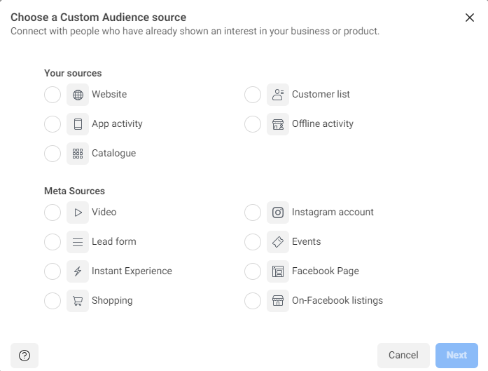 Screenshot of the interface of the different types of custom audience