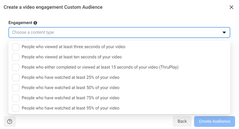 Screenshot of the interface allowing to select the type of people who watched your video.  For example those who watched less than 3 seconds.