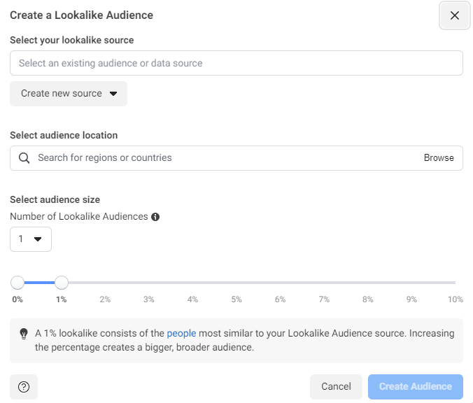 Screenshot of the interface allowing the creation of a lookalike audience where you can choose the geographical location of the audience and its size