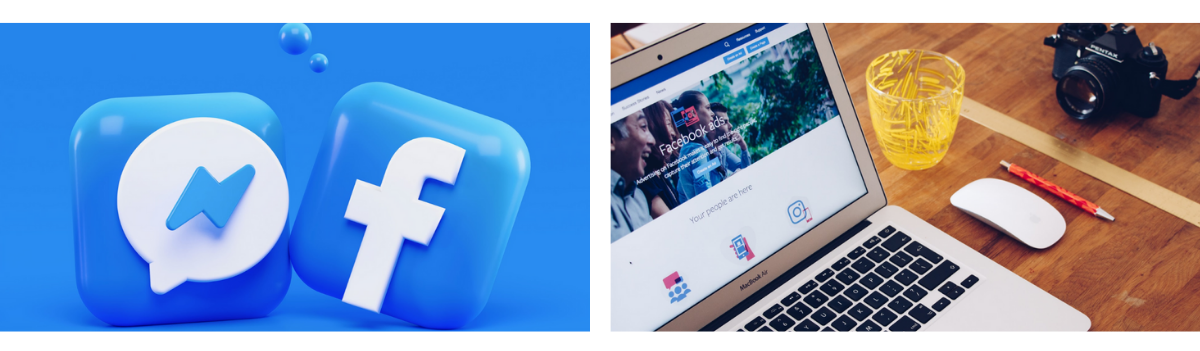 On the left, an image of the Facebook logo; to the right, a laptop opened to Facebook Ads.