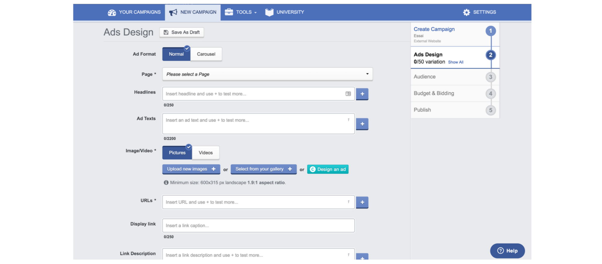 Screenshot of the campaign configuration on AdEspresso