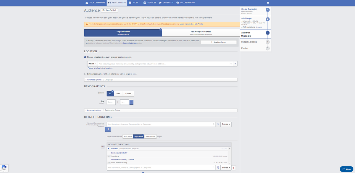 Screenshot of the AdEspresso interface to configure the audience