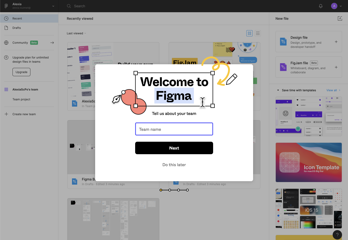A screenshot of a pop-up window welcoming you to Figma when you log in for the first time.